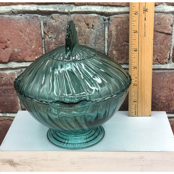 Vintage Jeannette Swirl Ultramarine 6" Candy Dish Pedestal w Lid 1937 UV Glow - Picture 3 of 14